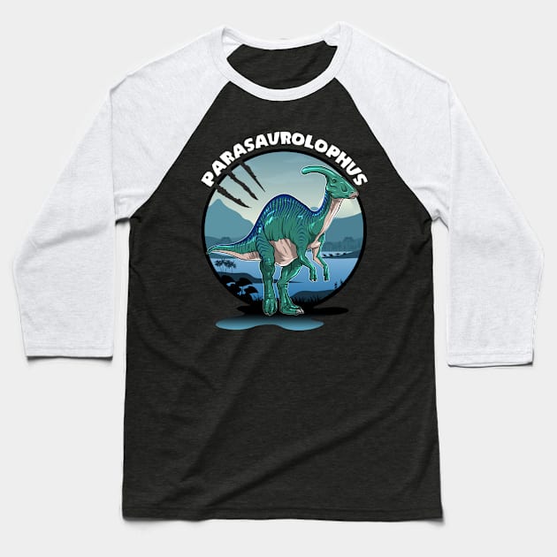 Parasaurolophus Dinosaur Design With Background Baseball T-Shirt by Terra Fossil Merch